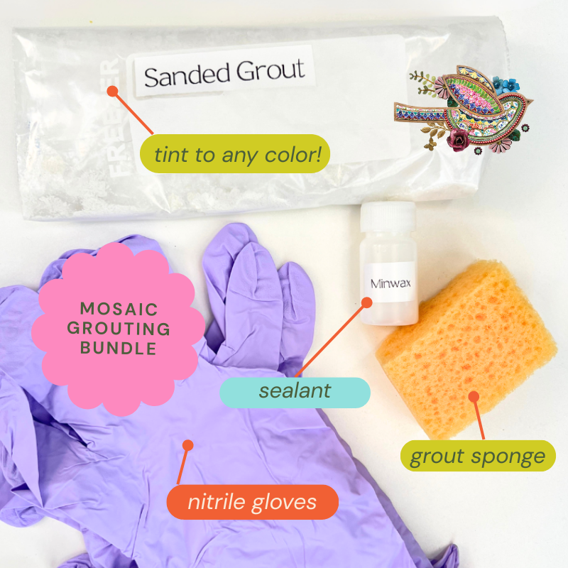 Mosaic Grout, Gloves, Sealant and sponge for finishing mosaic art work.