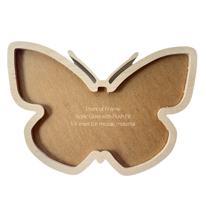 Butterfly-shaped frame with wooden texture on a white background