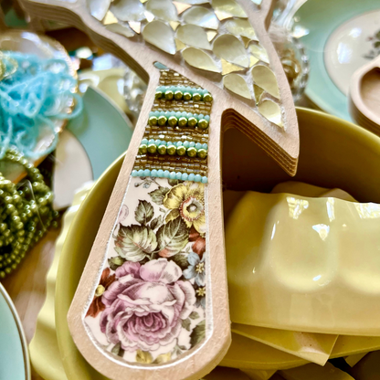 Mosaic Bird with heirloom china, beads, gold and glass pearls by Sharra Frank.