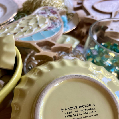 Mosaic Bird with heirloom china, beads, gold and glass pearls by Sharra Frank.