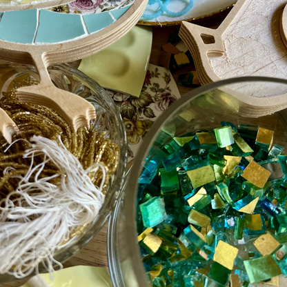 Bowl of mosaic gold smalti, vintage beads and antique china for mosaics.