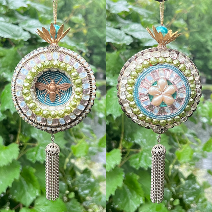 Beaded mosaic ornament with rhinestones, vintage findings and beads.