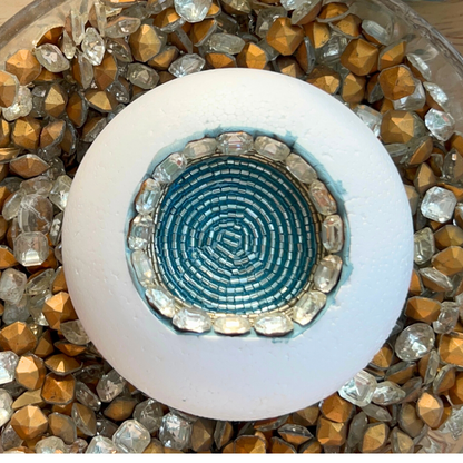 Beaded mosaic ornament with rhinestones, vintage findings and beads.