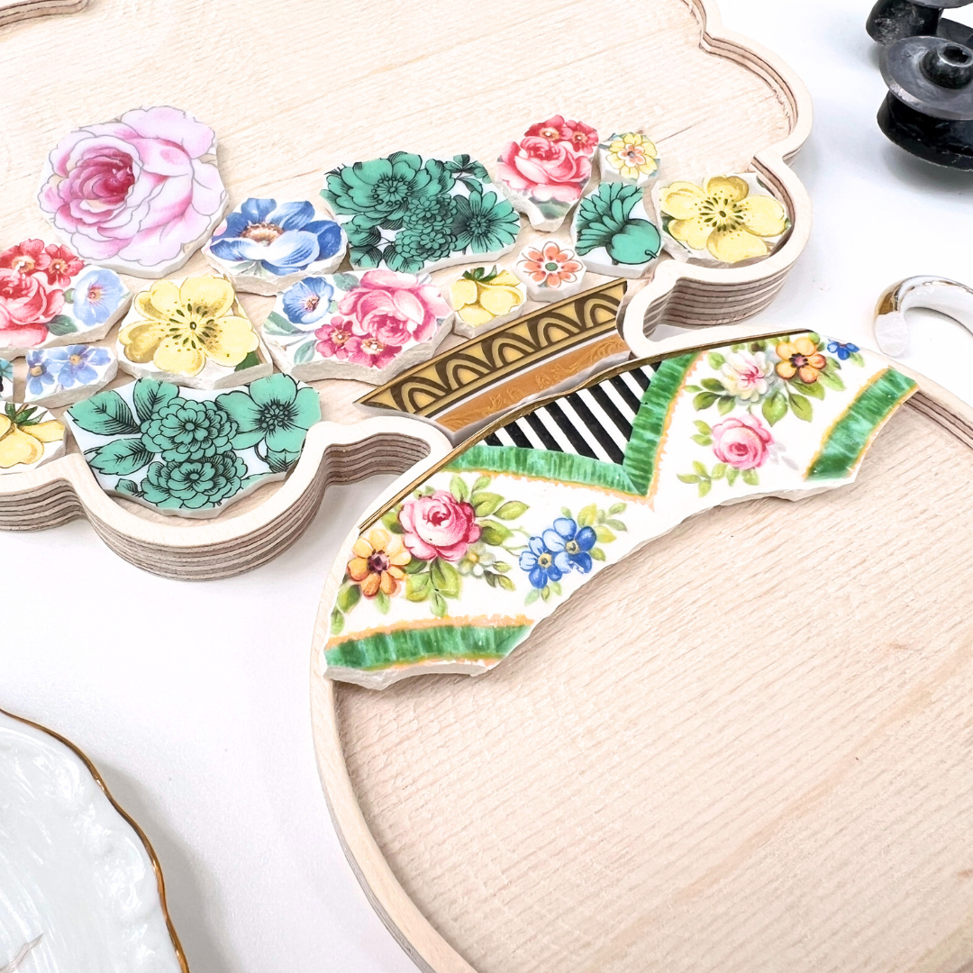 Picassiette mosaic bouquet wooden frame template design by Sharra Frank