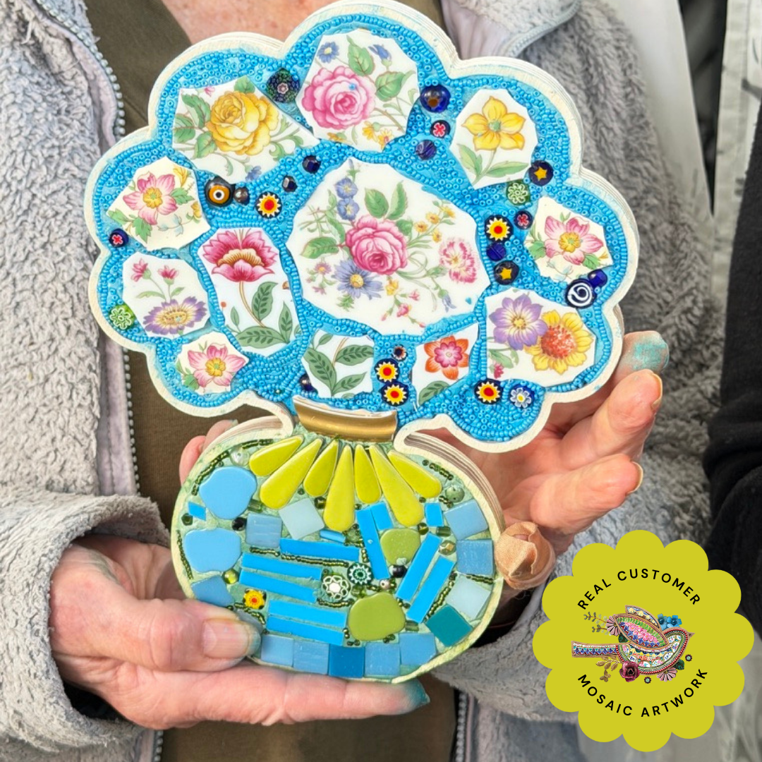 Picassiette mosaic student work with Sharra Frank mosaic class