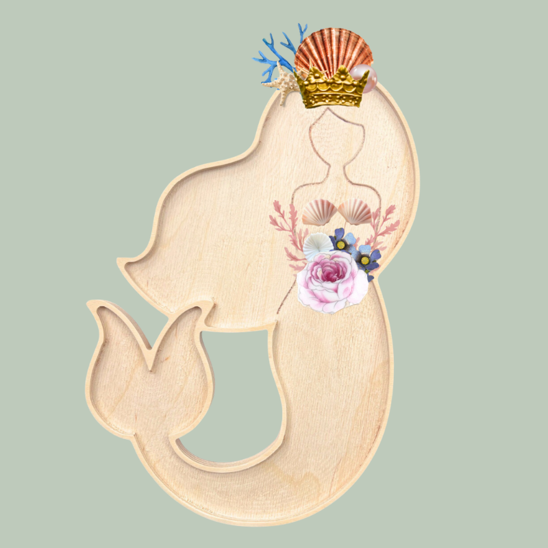 Wooden mermaid mosaic frame template ready for seashells, glass, tile and beads.