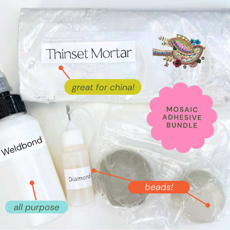 Mosaic Adhesives for indoor and outdoor mosaics, including thinset mortar, Weldbond, Diamond Glaze and Apoxie Clay