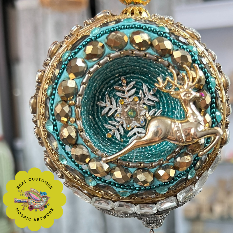 Beaded mosaic ornament with rhinestones, vintage findings and beads.