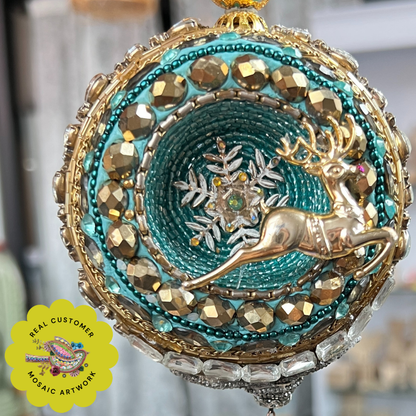 Beaded mosaic ornament with rhinestones, vintage findings and beads.