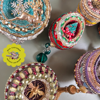 Beaded mosaic ornaments with rhinestones, vintage findings and beads.