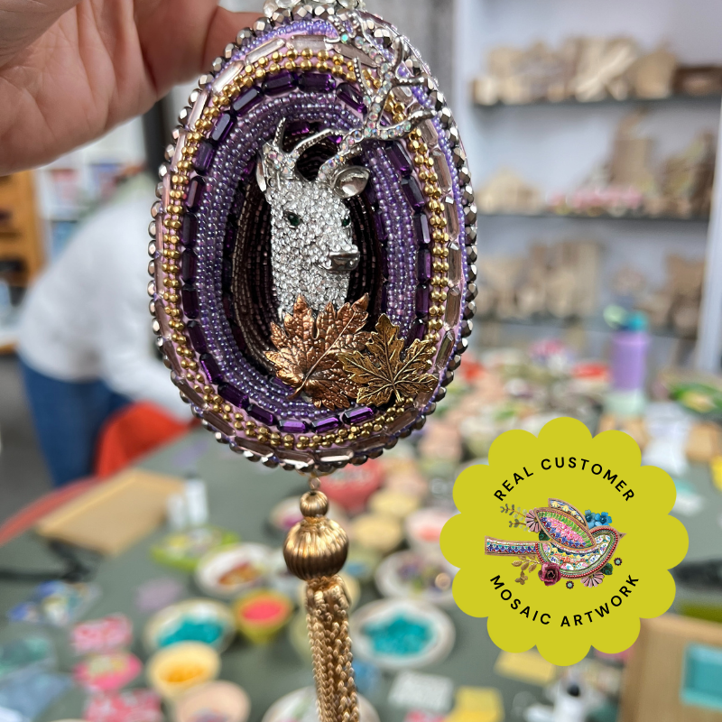 Beaded mosaic ornament with rhinestones, vintage findings and beads.