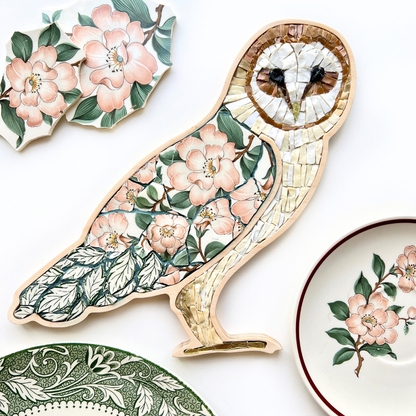 Owl mosaic made with smalti glass and vintage china by Sharra Frank
