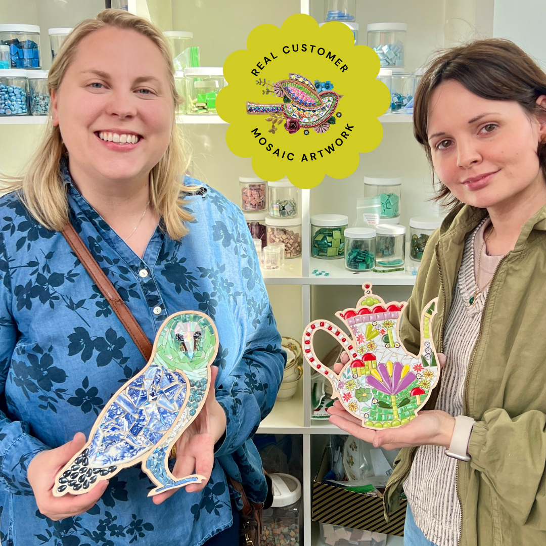 Wooden owl mosaic frame student work with Sharra Frank