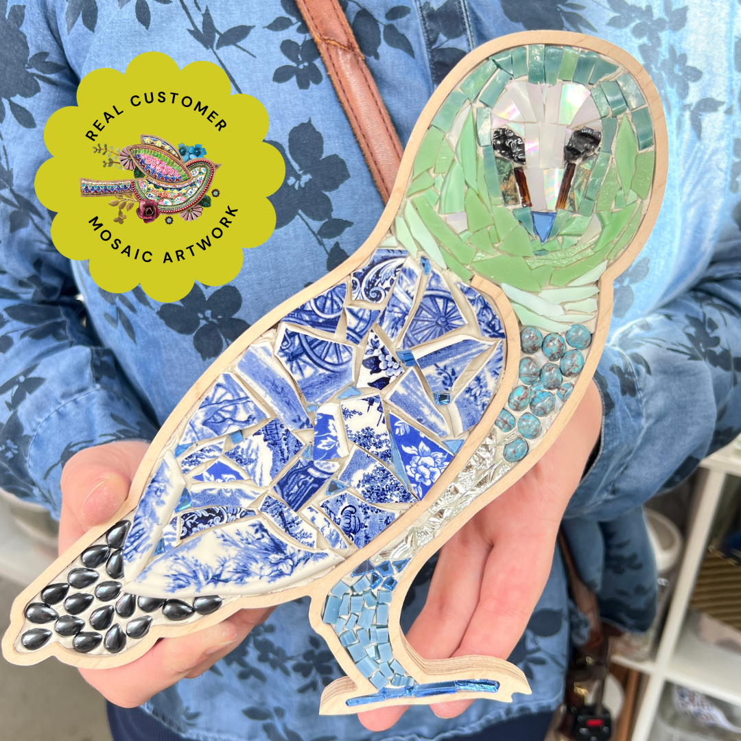 Wooden owl mosaic frame student work with Sharra Frank