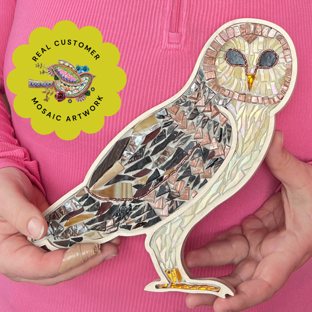 Wooden owl mosaic frame student work with Sharra Frank