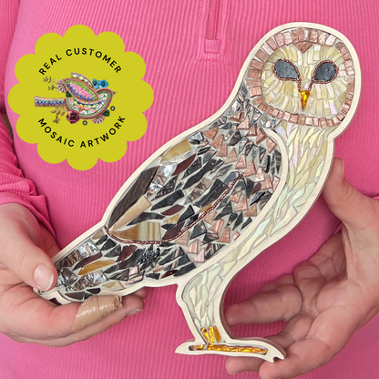 Wooden owl mosaic frame student work with Sharra Frank