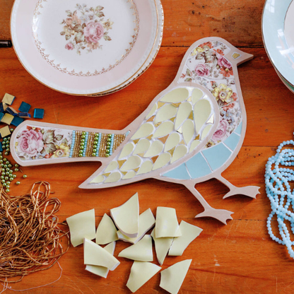 Mosaic Bird Kit with heirloom china, beads, gold and glass pearls by Sharra Frank.