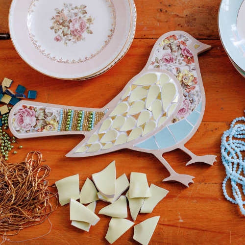 Mosaic Bird Kit with heirloom china, beads, gold and glass pearls by Sharra Frank.