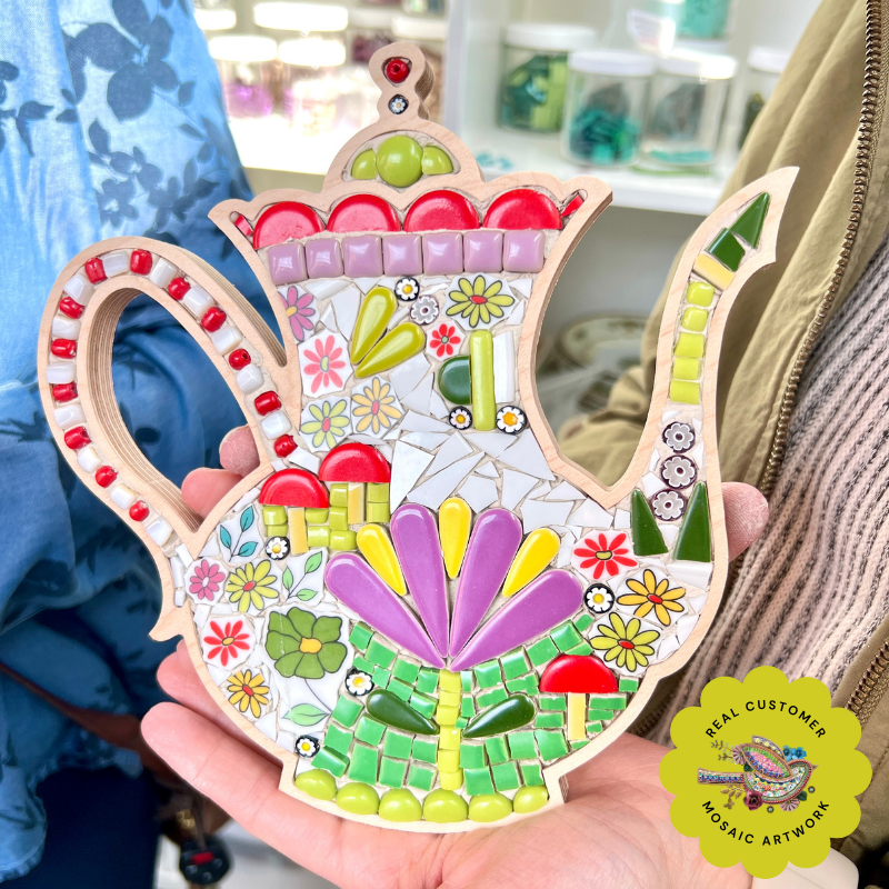 Mosaic Teapot Frame filled with handcut porcelain china, tile and beads.
