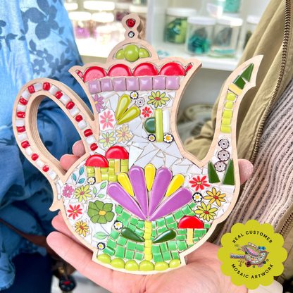 Mosaic Teapot Frame filled with handcut porcelain china, tile and beads.